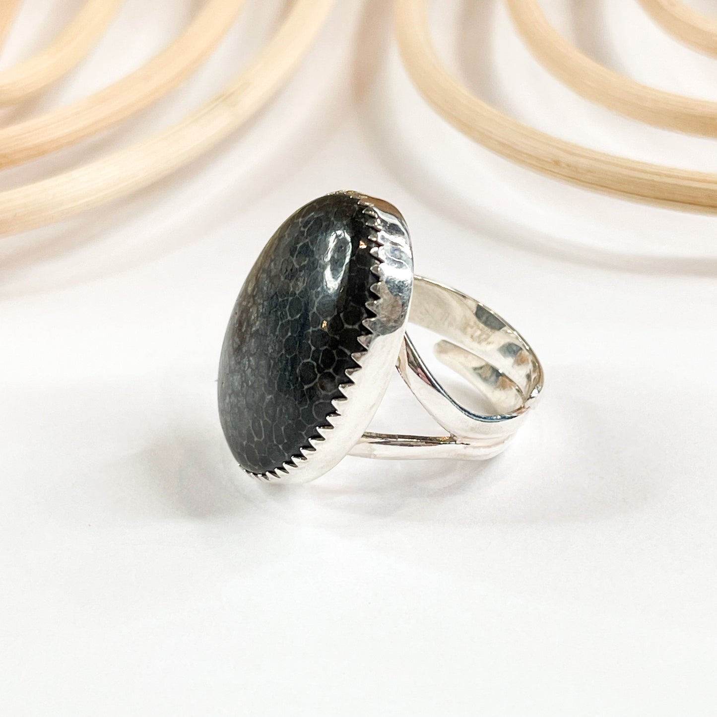 Black Fossil Adjustable Ring - Solid Sterling Silver