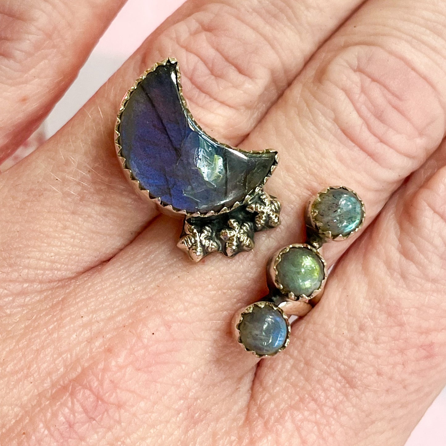 Side Set Moon & Constellation Labradorite Ring - Solid Sterling Silver