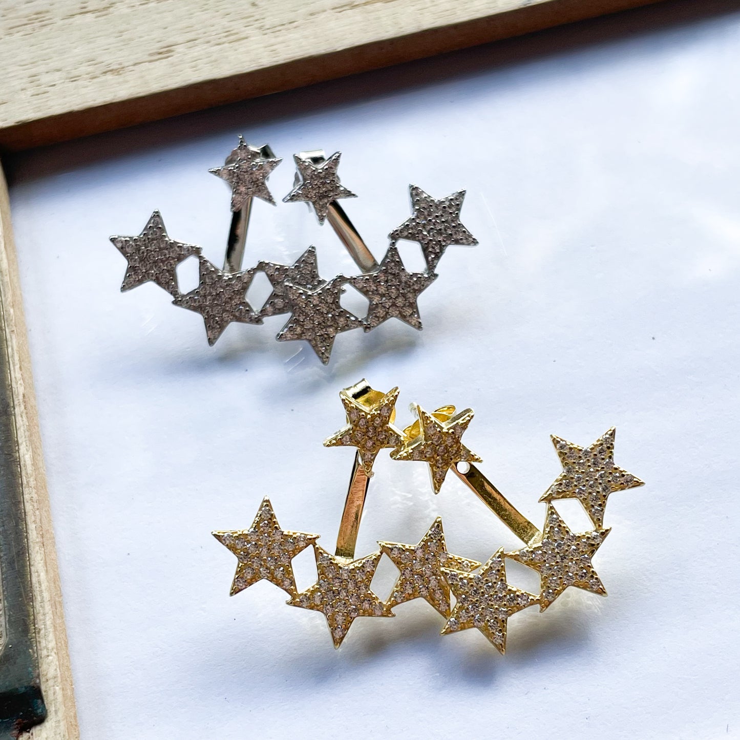 Dainty CZ Star Ear Jacket Studs - Solid Sterling Silver & Rose Gold