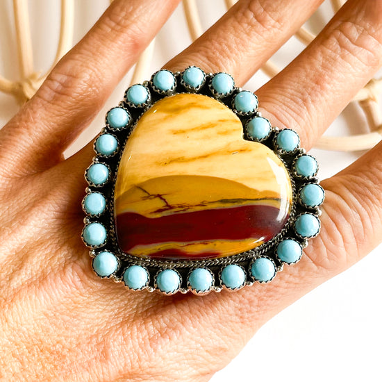 Mookaite Heart Statement Ring - Solid Sterling Silver w Mookaite or Turquoise Trim