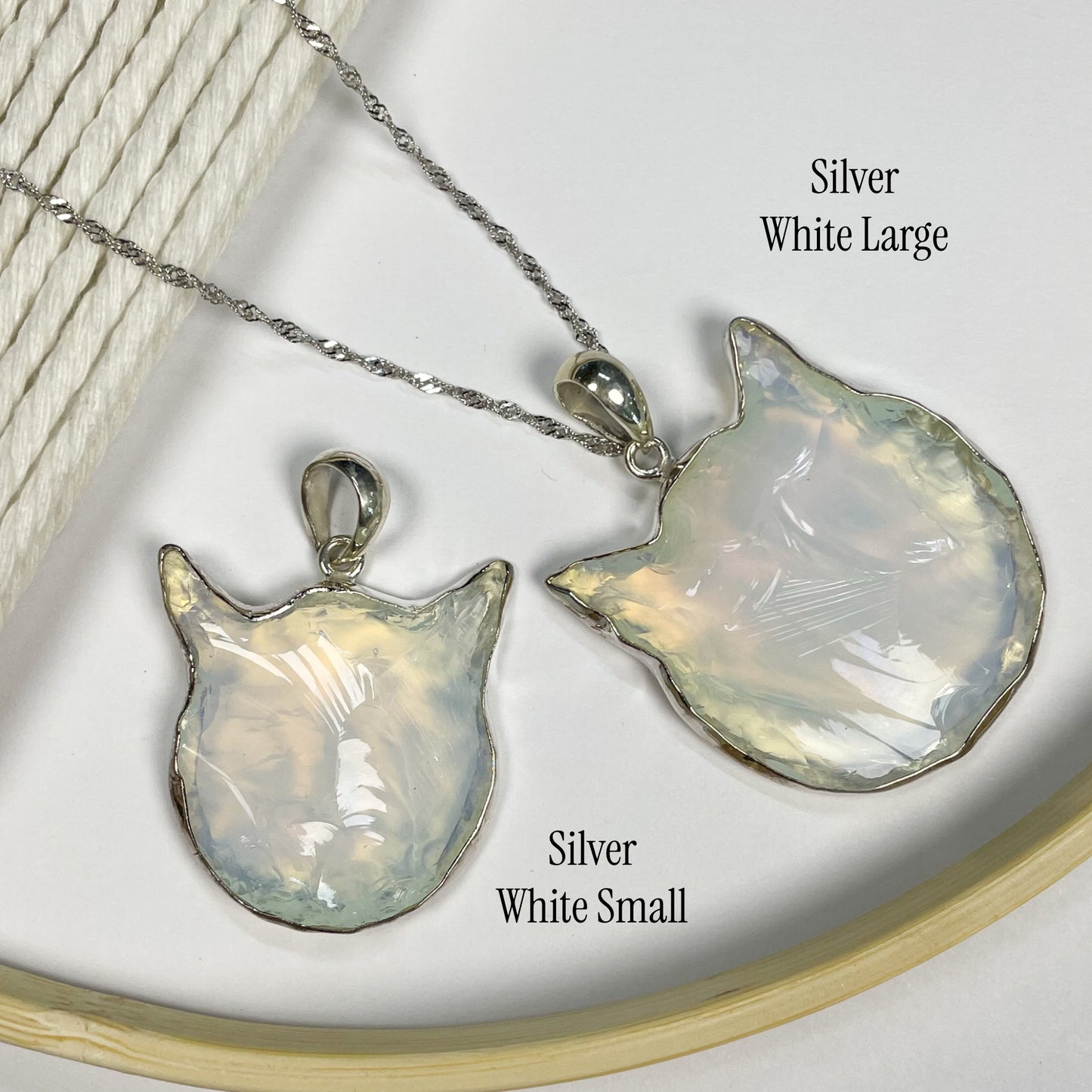 Opalite & Black Kitty Cat Head Pendant - Both Metal