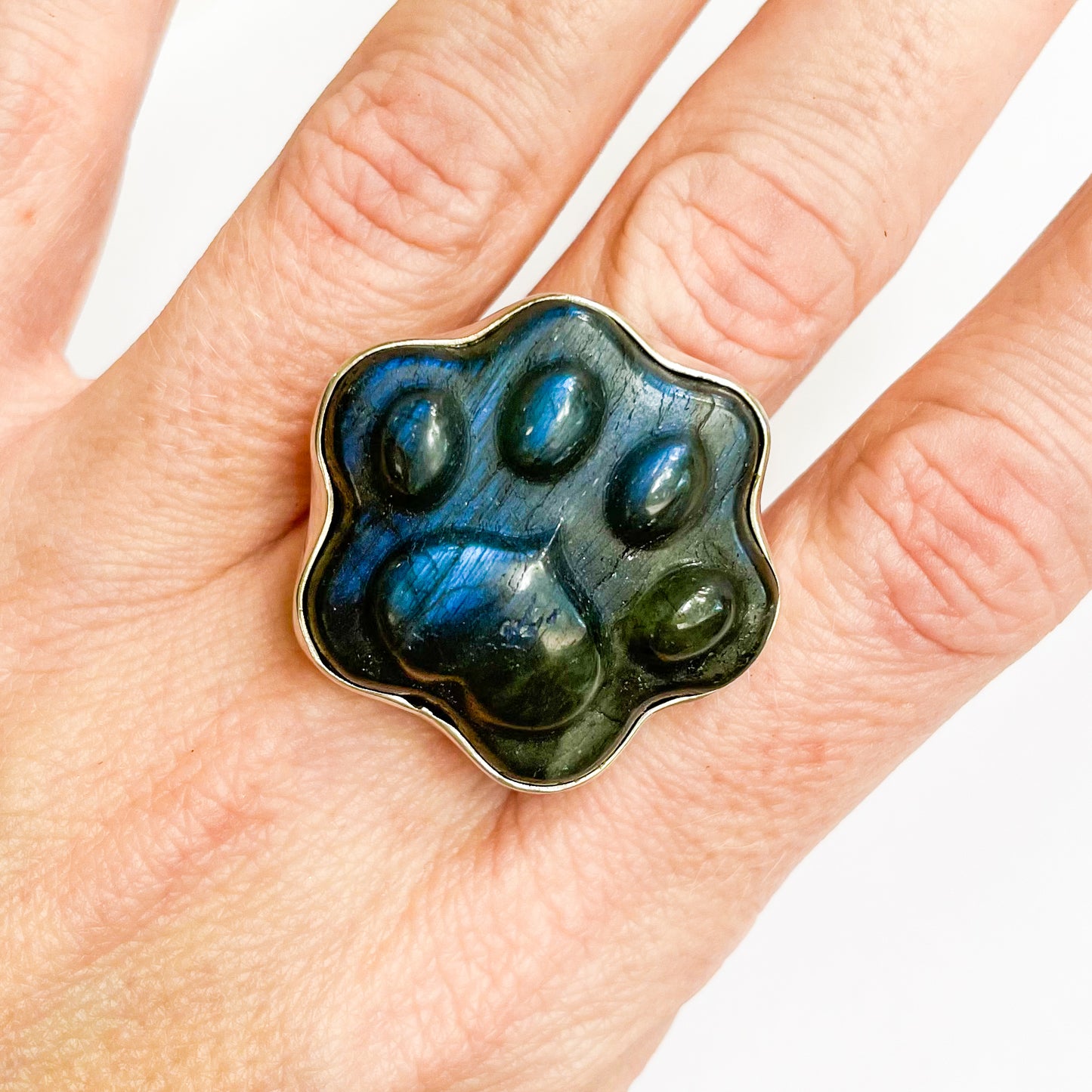 Labradorite Dog Paw Ring - Solid Sterling Silver