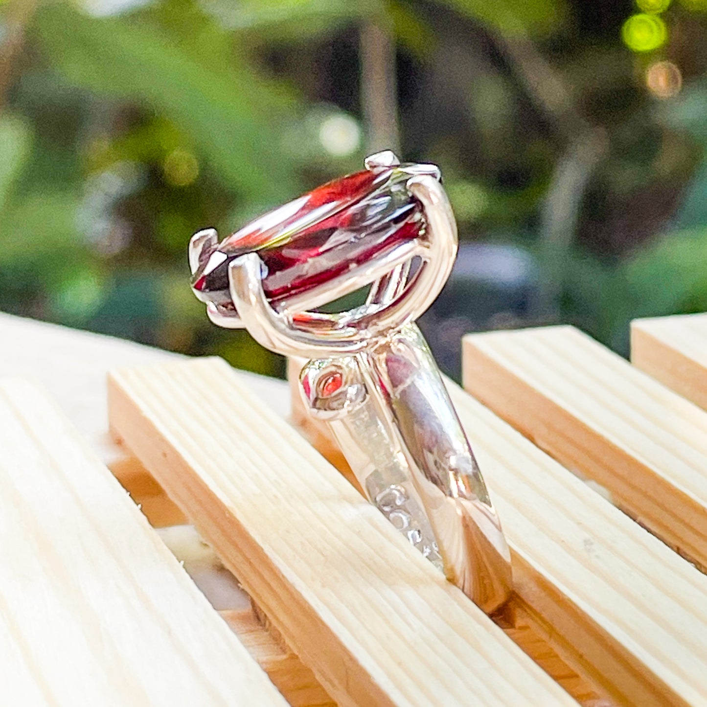 Oval Garnet Nano Glass Prong Ring - Solid Sterling Silver