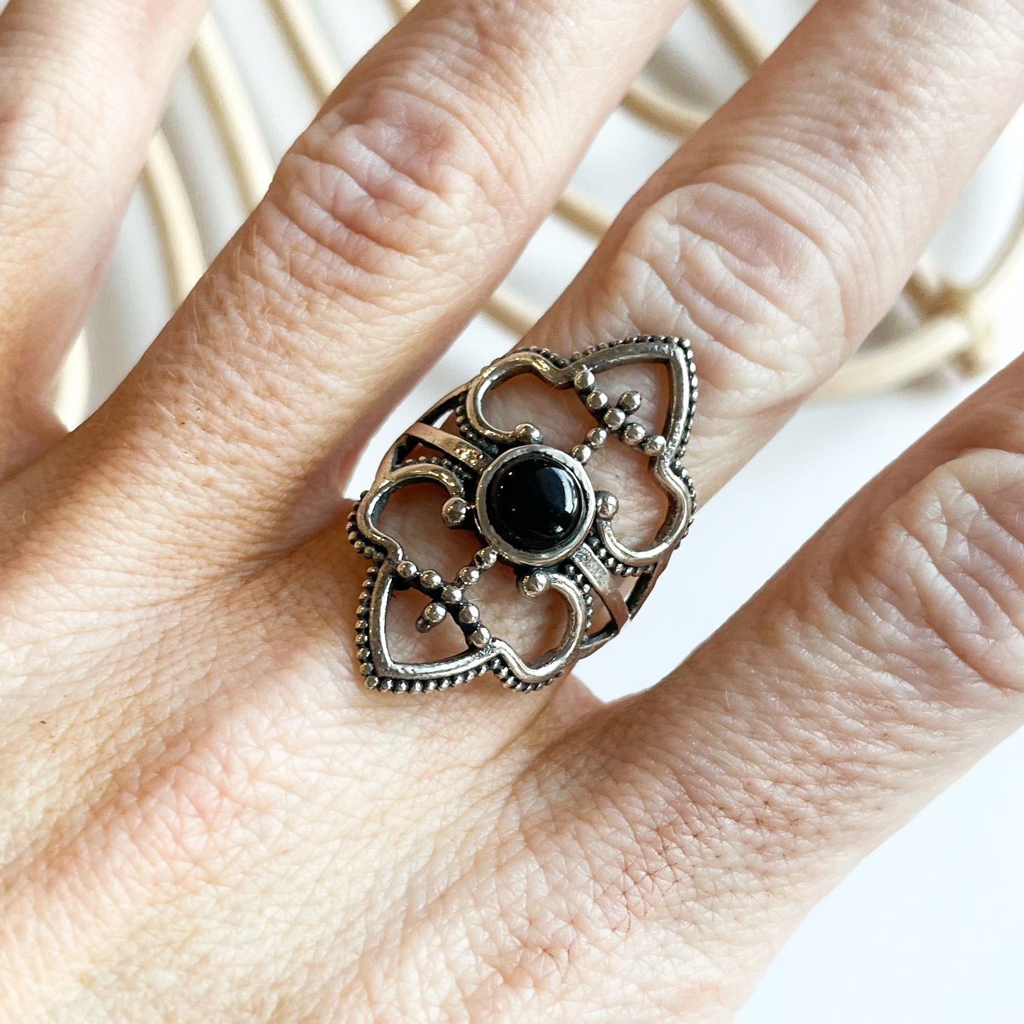 Black Onyx Filigree Ring - Solid Sterling Silver