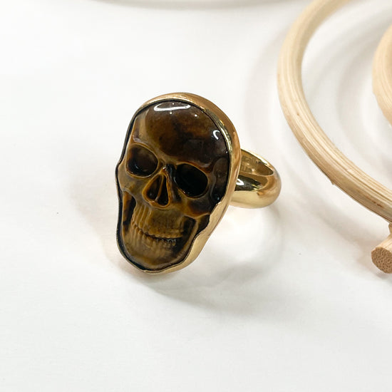 Load image into Gallery viewer, Dainty Tiger Eye Skull Ring-Alchemia

