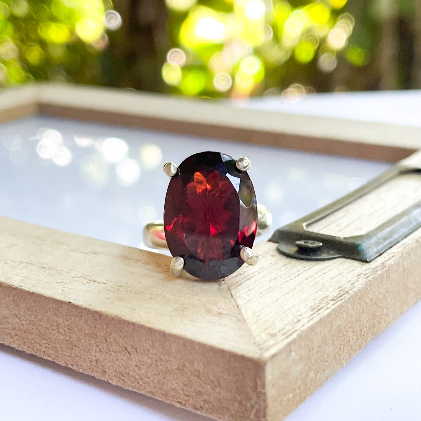 Oval Garnet Nano Glass Prong Ring - Solid Sterling Silver