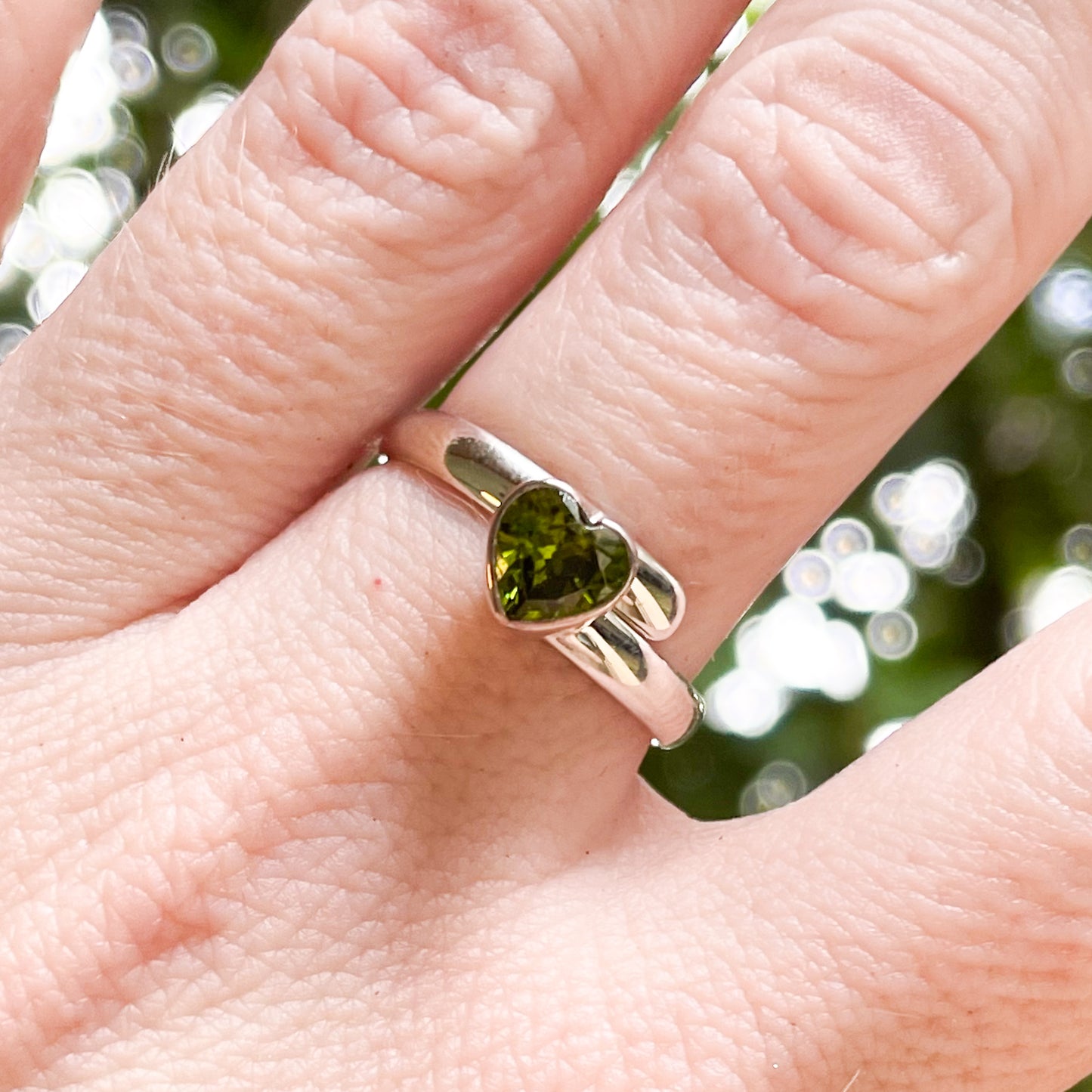 Dainty Army Green CZ Heart Ring - Solid Sterling Silver