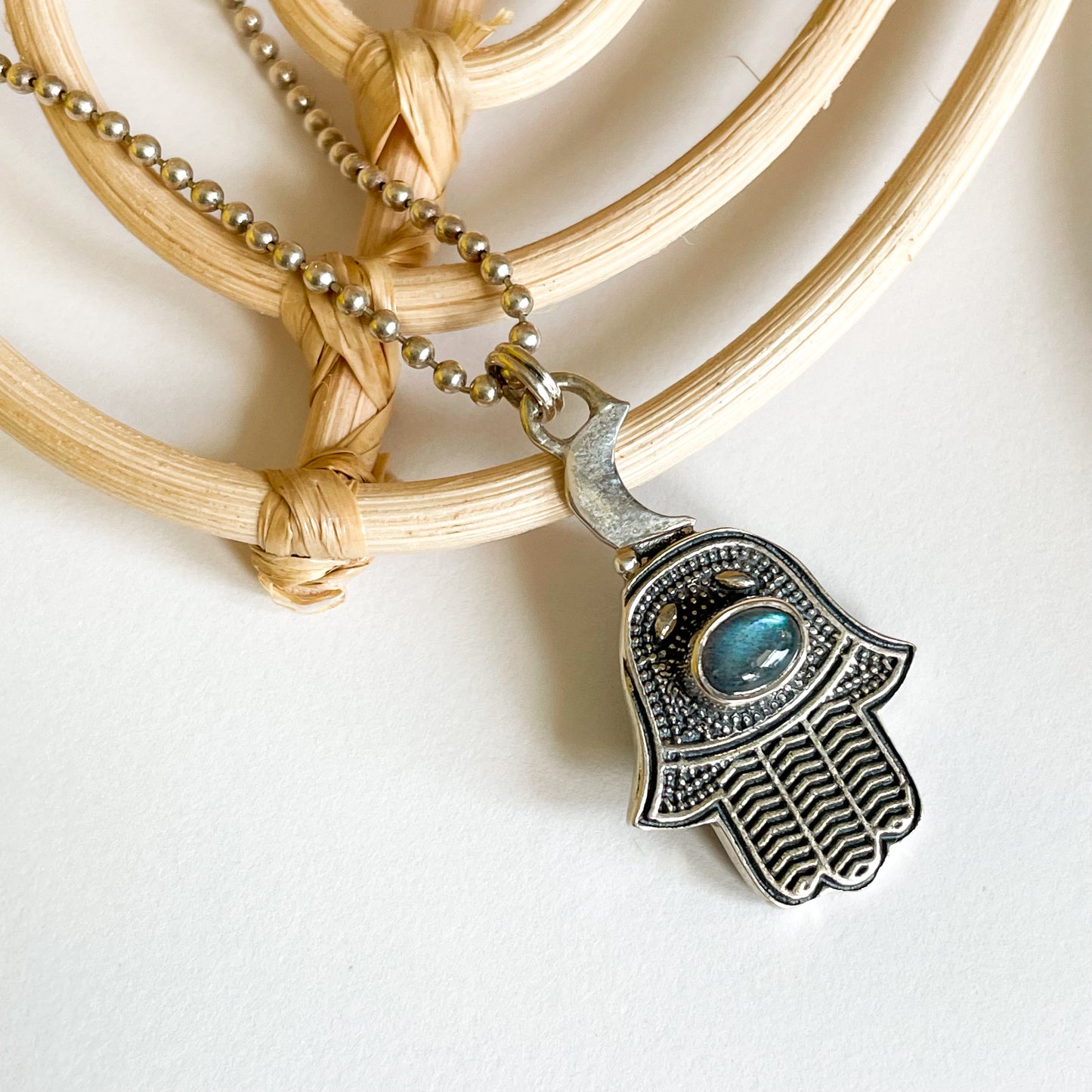 Hand & Labradorite Pendant - Solid Sterling Silver