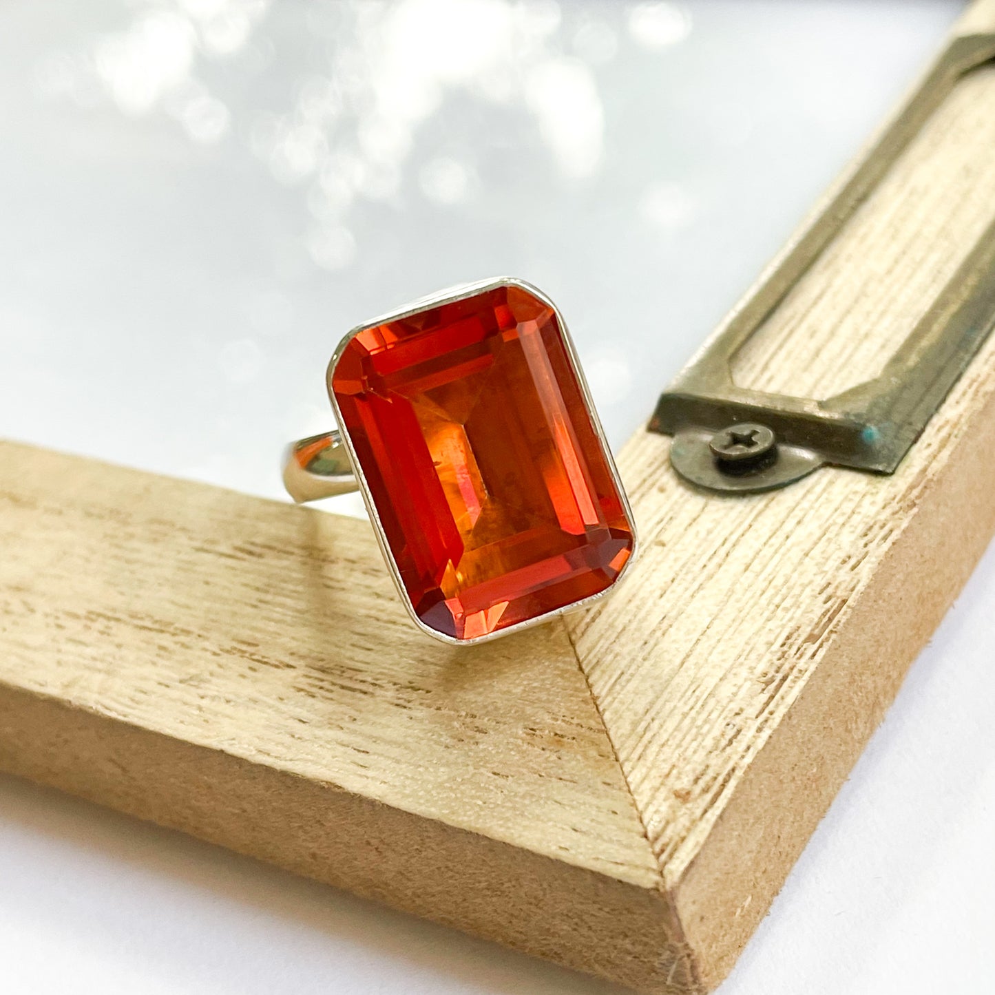 Orange Titanium Treated Quartz Bezel Ring - SSS