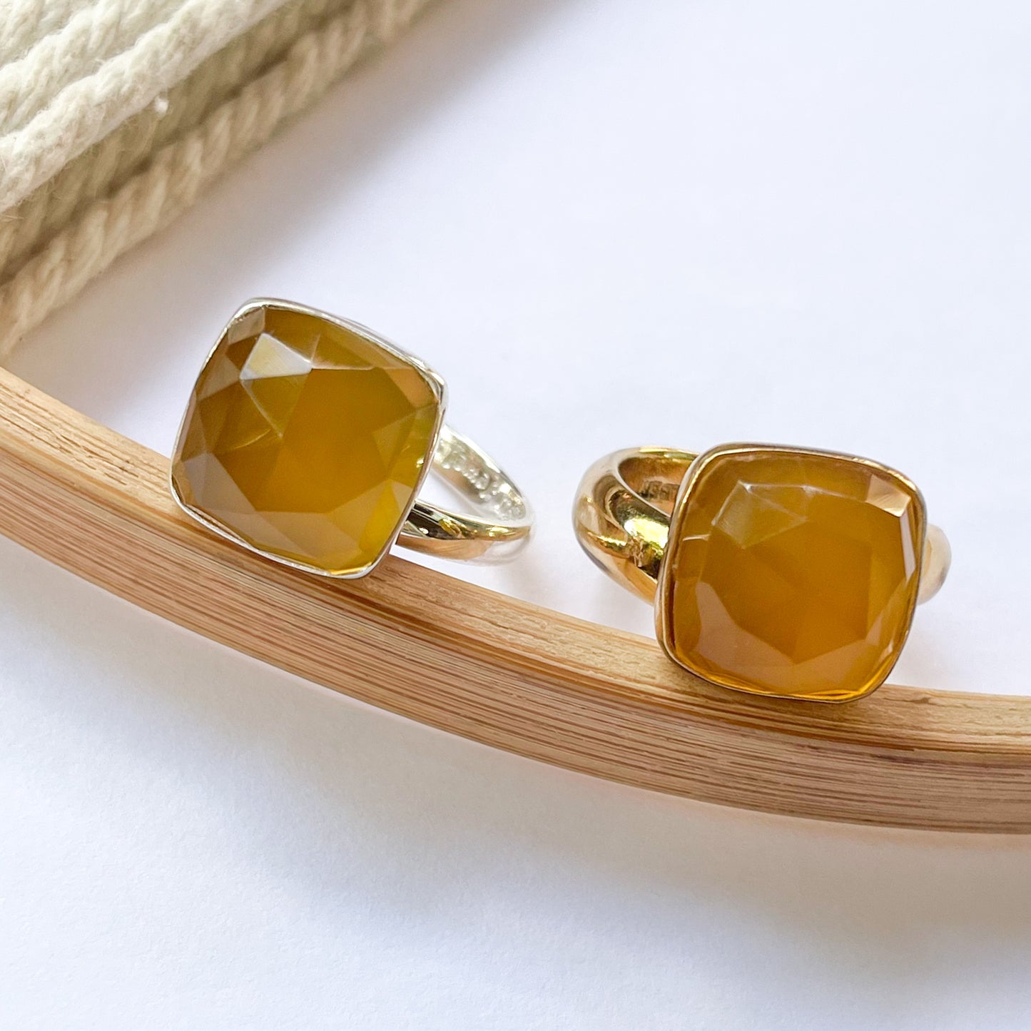 Bright Square Chalcedony Rings - Both Metals