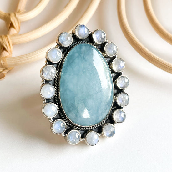 Aquamarine & Rainbow Moonstone Statement Ring - Solid Sterling Silver