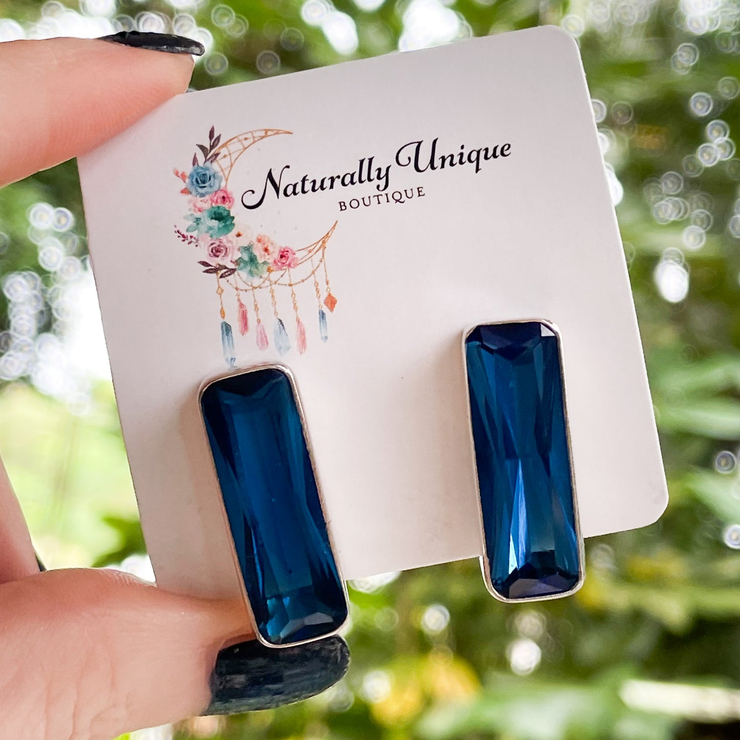 Blue CZ Bezel Post Earrings - Solid Sterling Silver