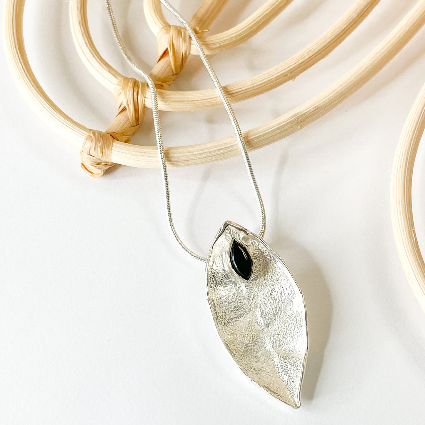 Black Onyx Leaf Pendant - Solid Sterling Silver