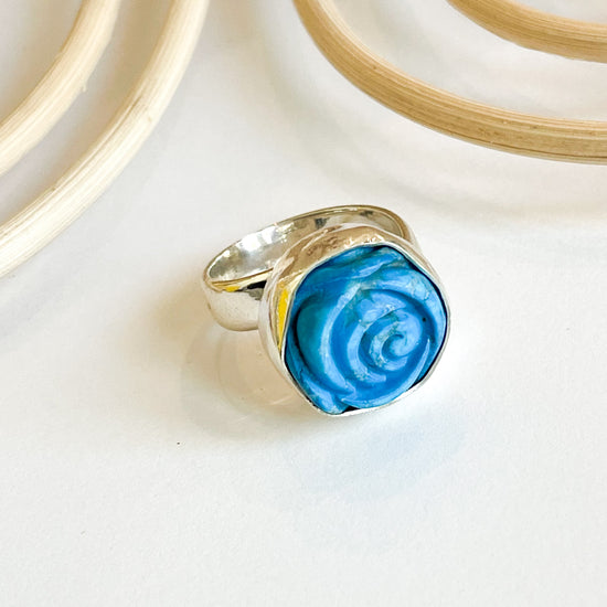 Blue Howlite Rose Ring - Solid Sterling Silver