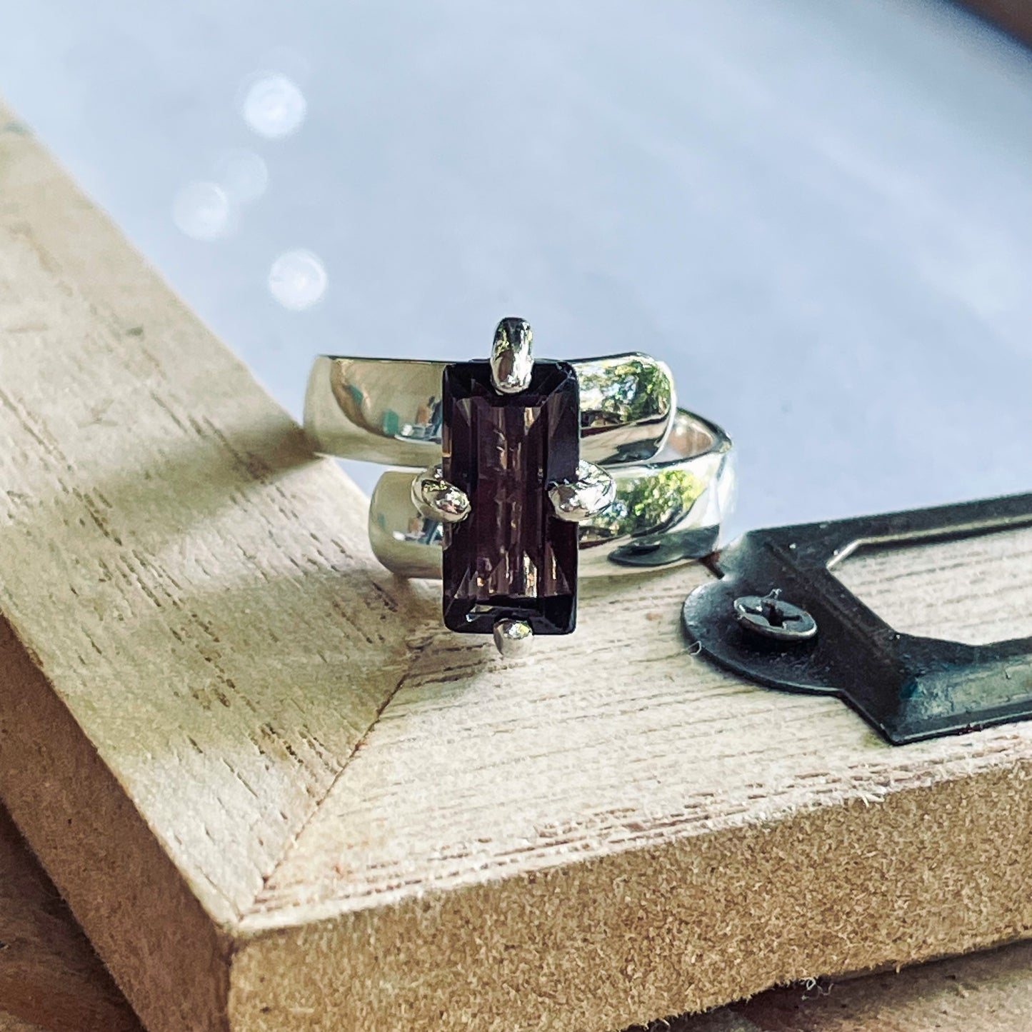 Smokey Quartz Rectangle Prong Ring - Solid Sterling Silver