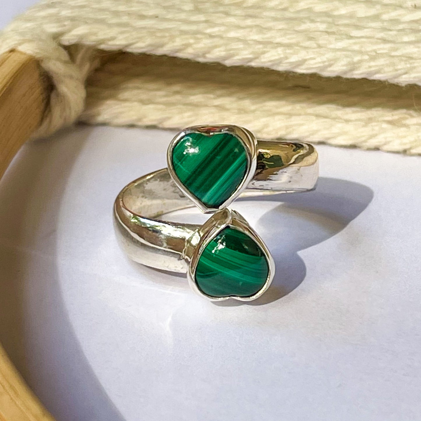 Malachite Heart Bypass Ring - Both Metals