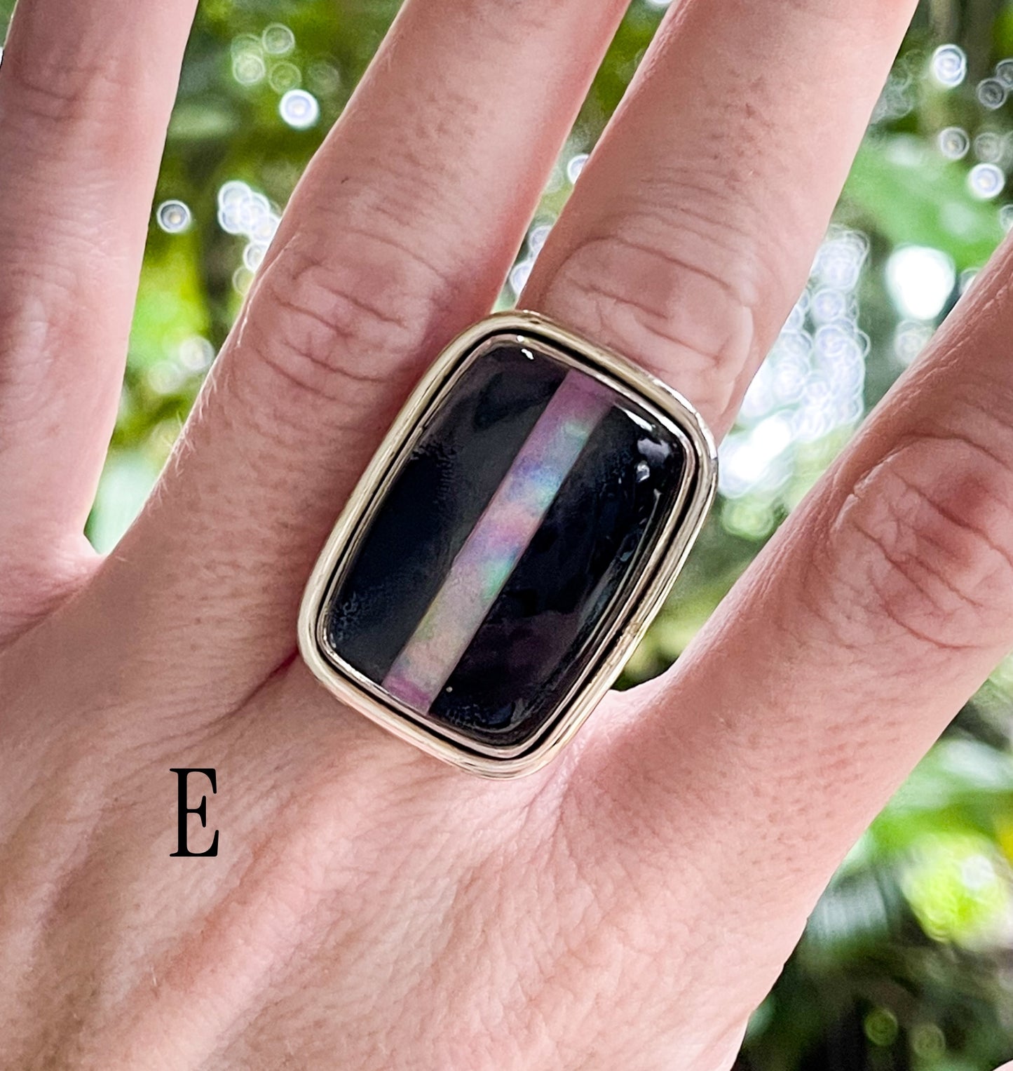 Blk Onyx & Single Galaxy Opal Inlay Ring - Solid Sterling Silver