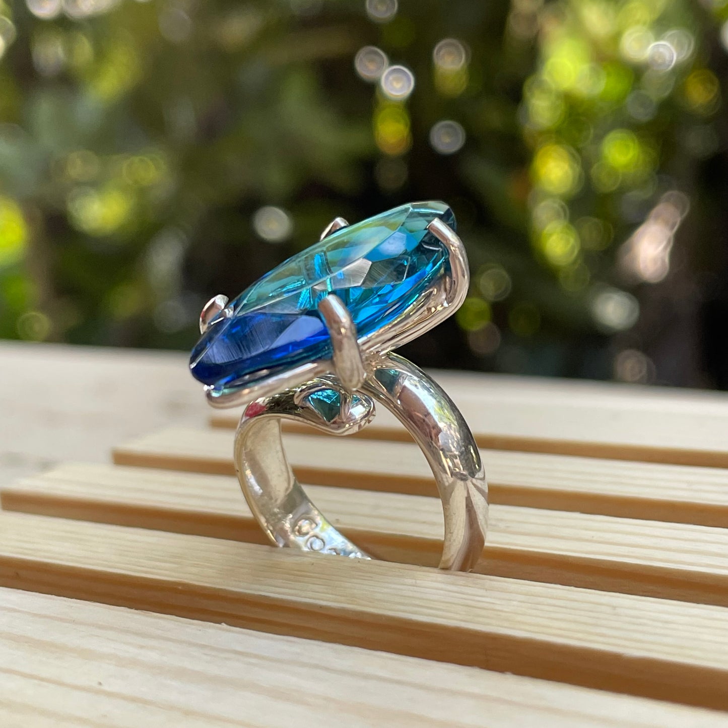 Deep Blue Marquee Glass Prong Ring - Solid Sterling Silver