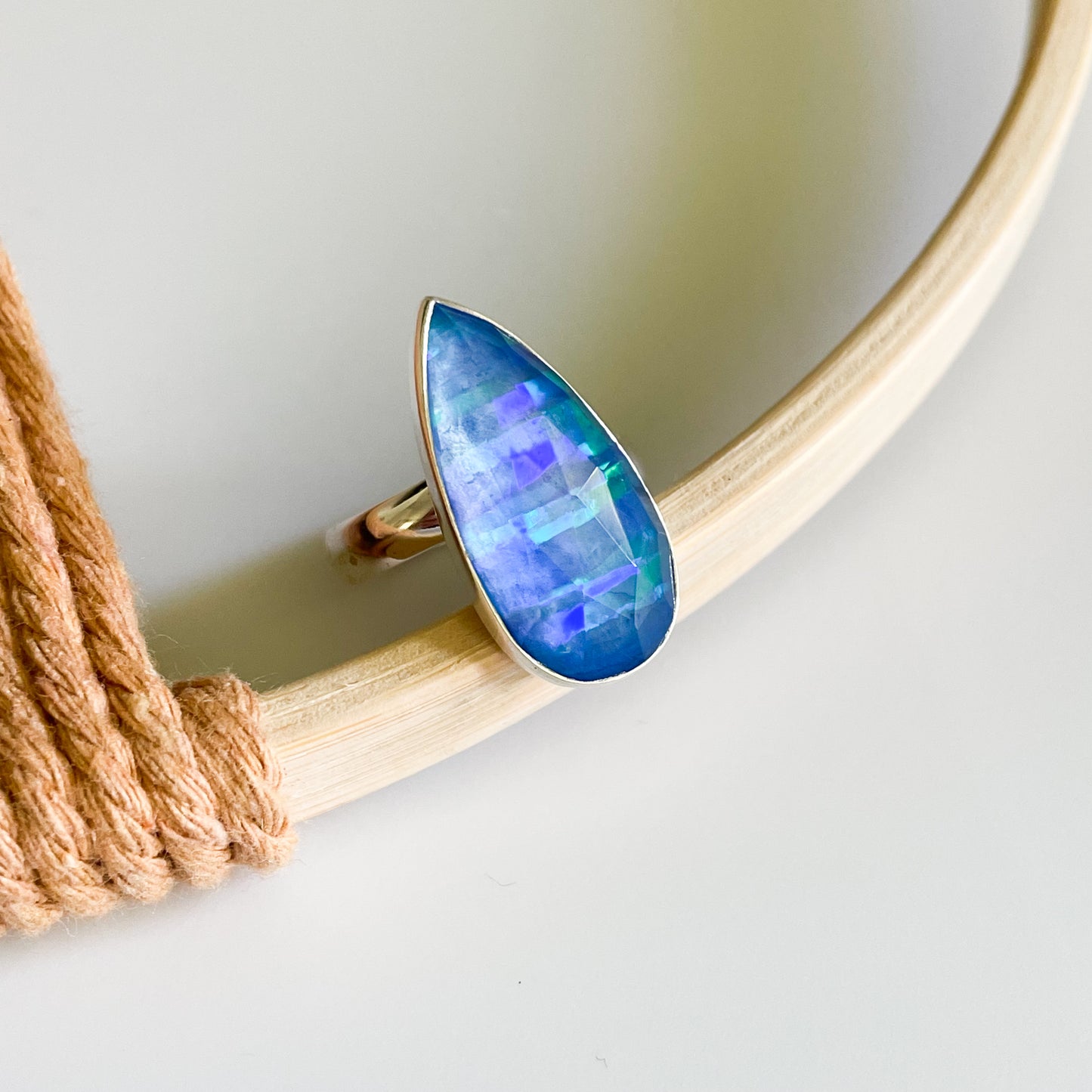 Blue Opal Faceted Doublet Ring - Solid Sterling Silver