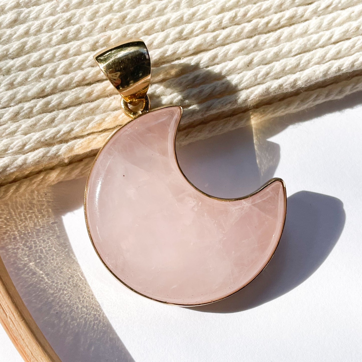 Rose Quartz Crescent Moon Pendant - Both Metals