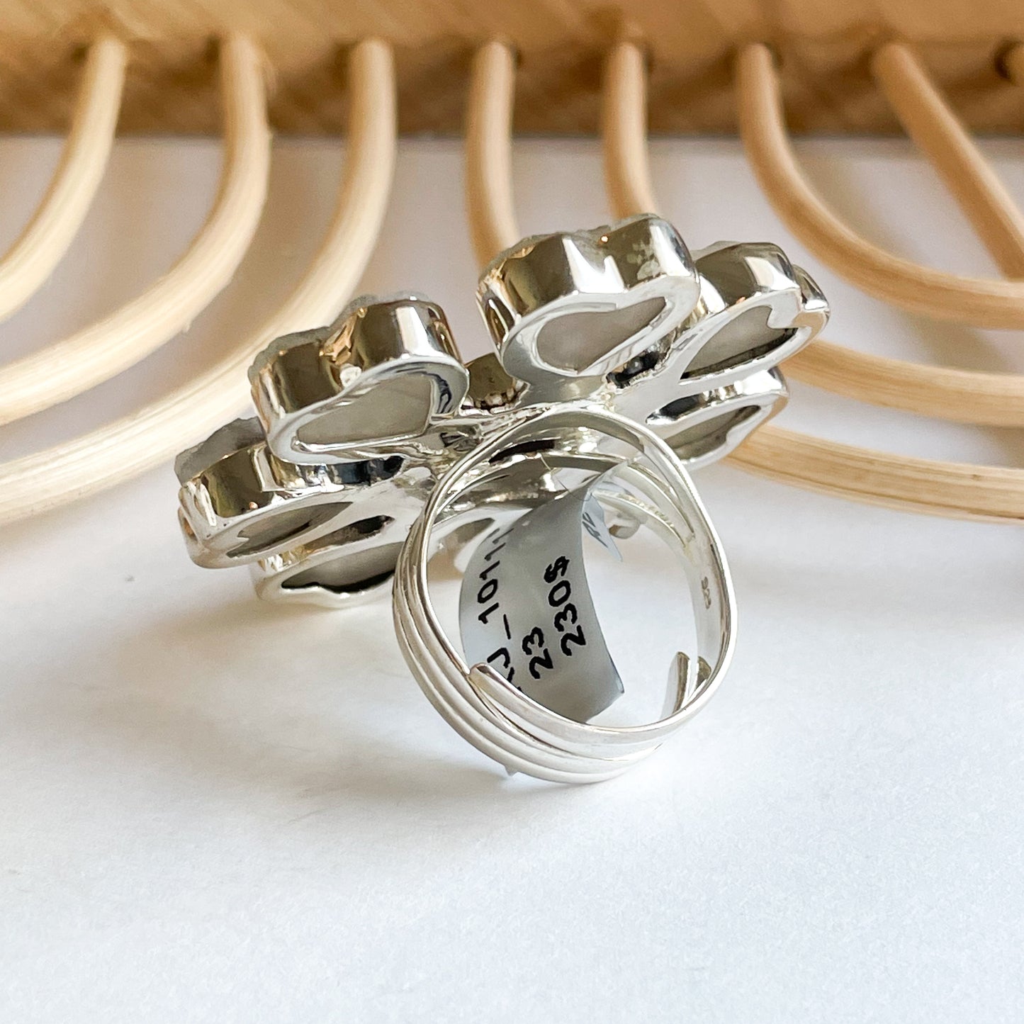 Rainbow Moonstone Heart Flower Statement Ring - Solid Sterling Silver