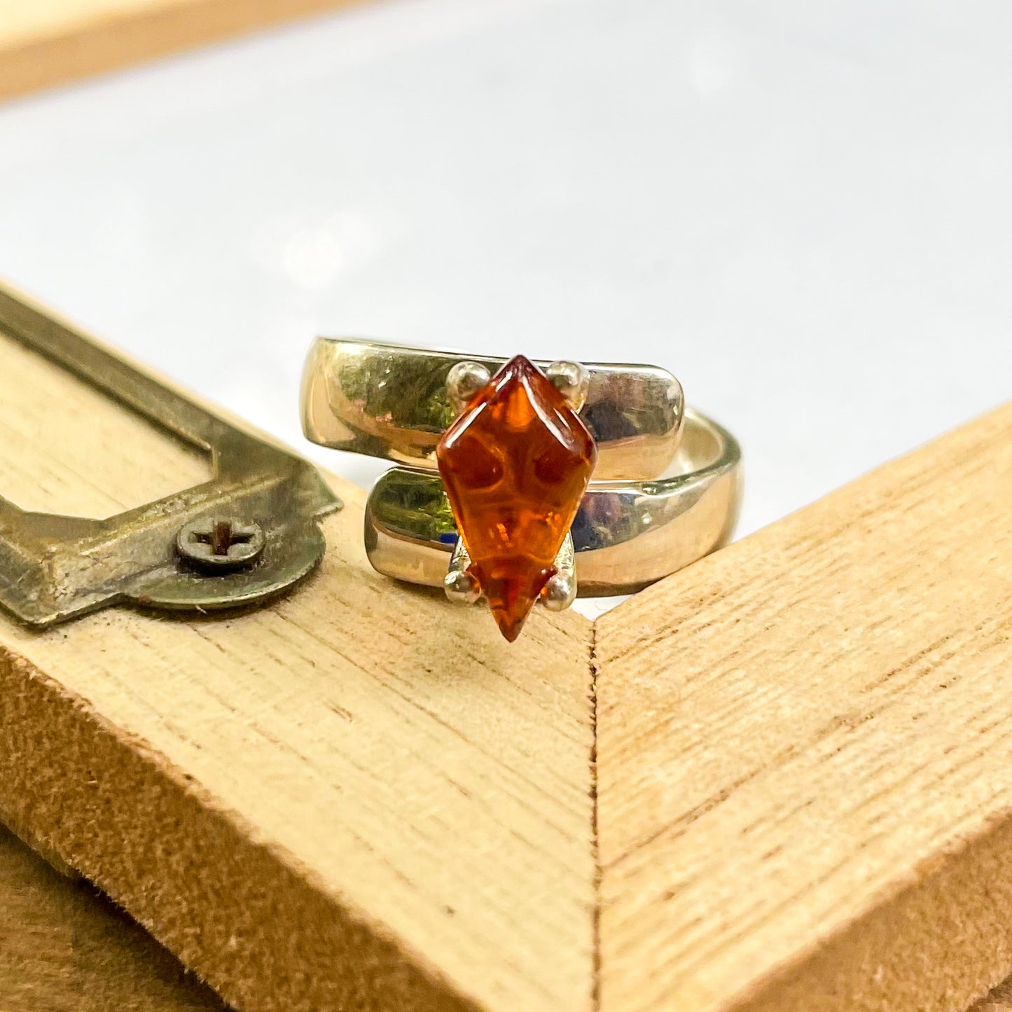 Amber Kite Prong Ring - Solid Sterling Silver