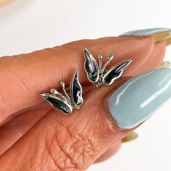 Dainty Abalone Butterfly Studs - Solid Sterling Silver