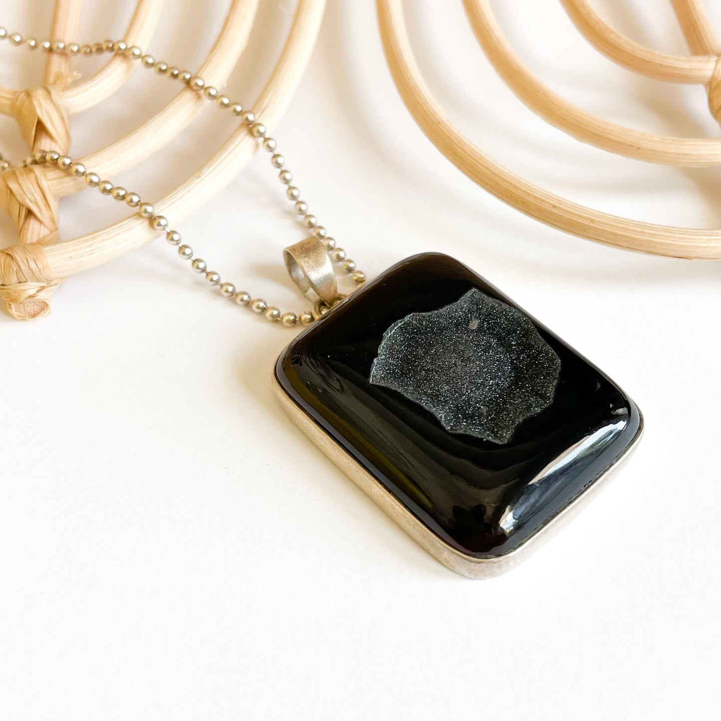 Black Druzy Pendant - Solid Sterling Silver