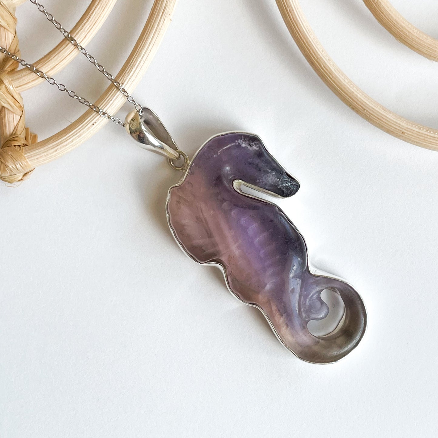 Fluorite Seahorse Pendant - Solid Sterling Silver