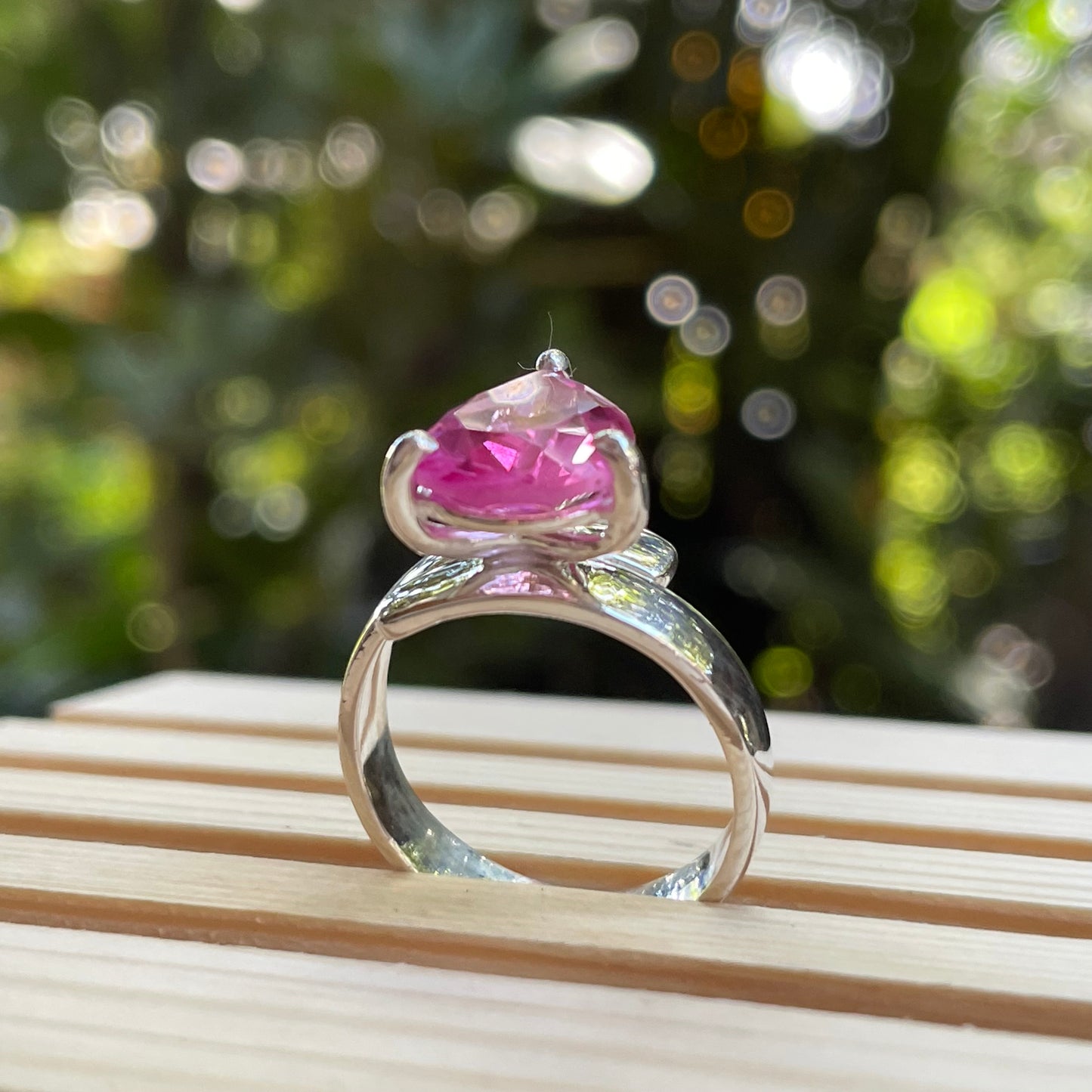 Hot Pink Glass Prong Ring - Solid Sterling Silver