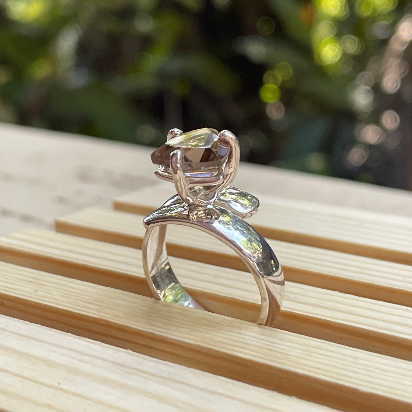 Smokey Quartz Trillion Prong Ring - Solid Sterling Silver