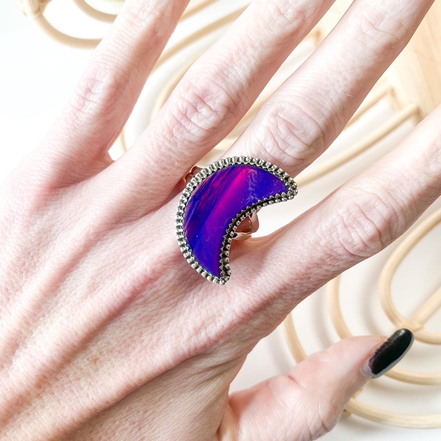 Purple Galaxy Moon Ring - Solid Sterling Silver