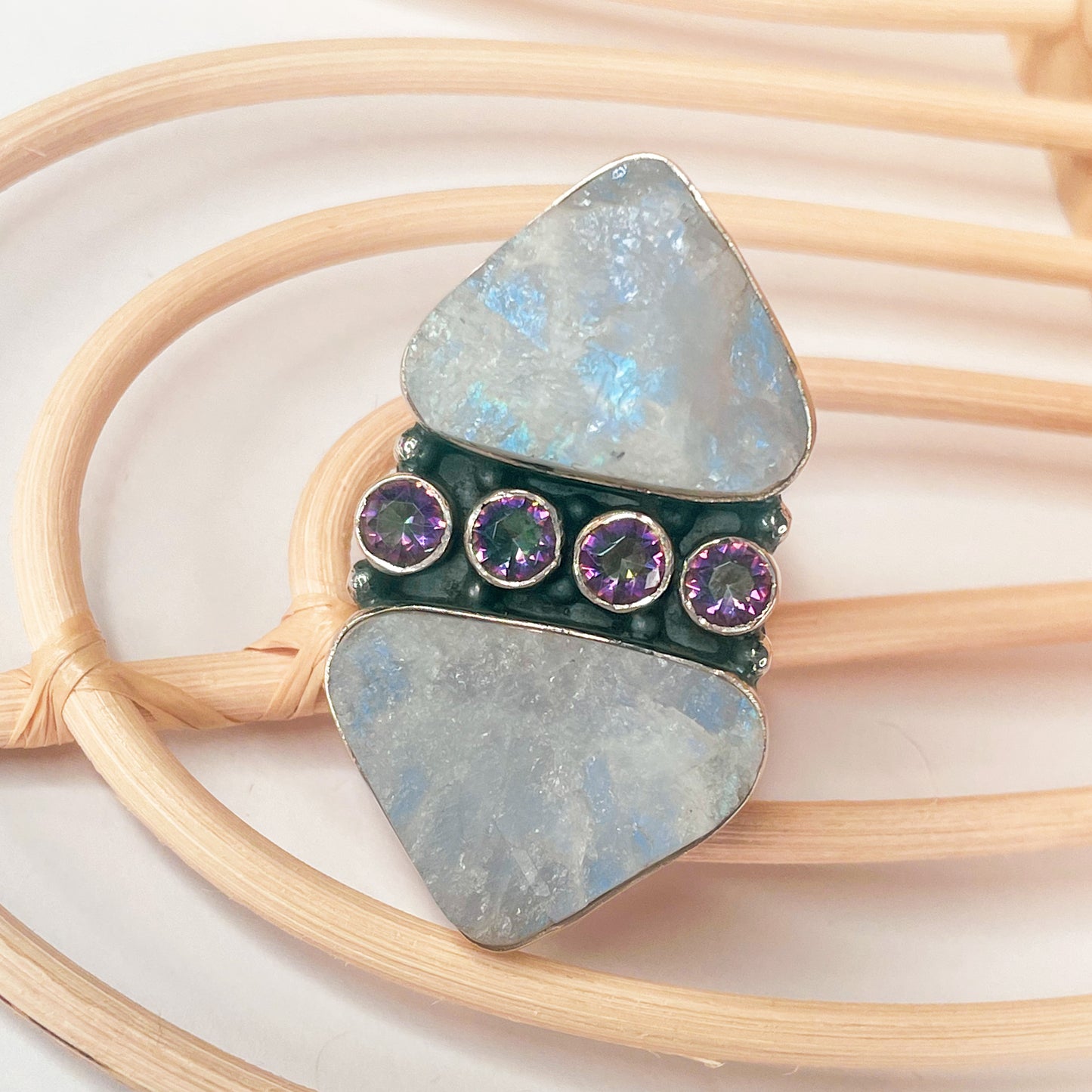 Moonstone & Mystic Crawler Ring - Solid Sterling Silver