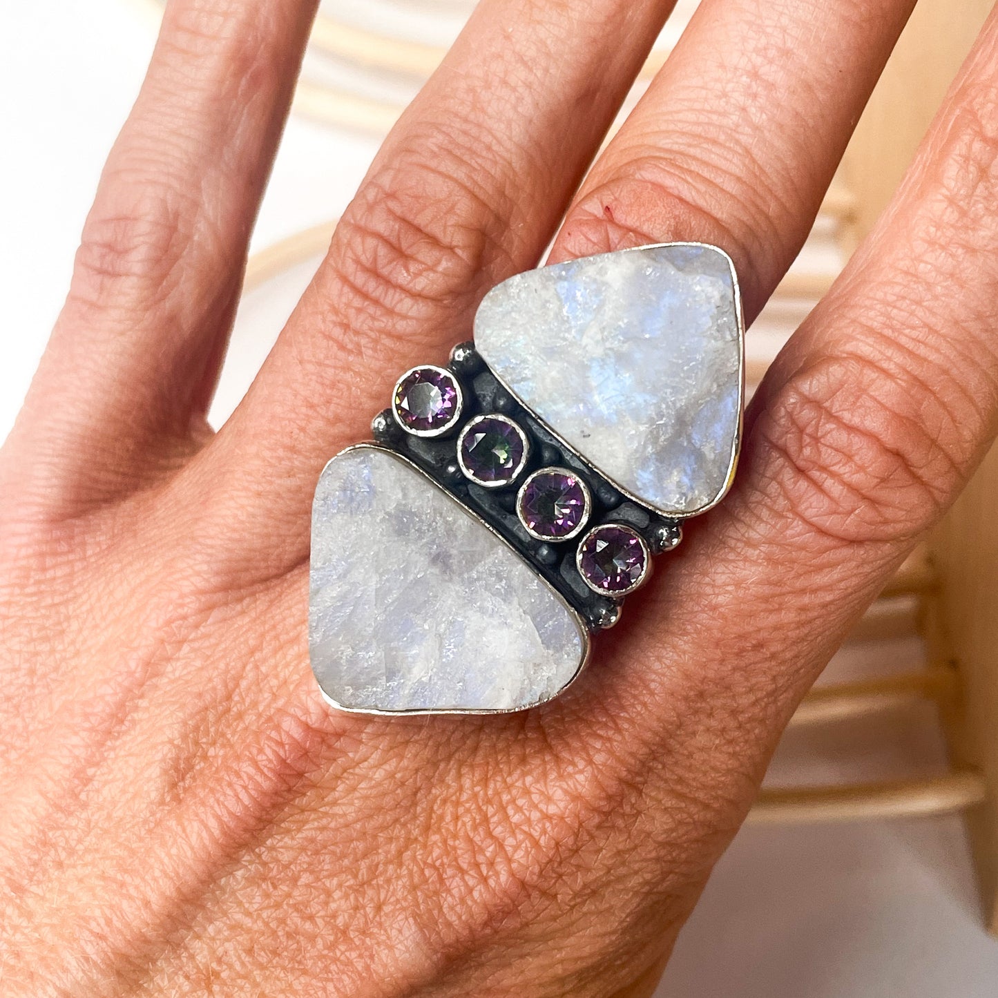 Moonstone & Mystic Crawler Ring - Solid Sterling Silver