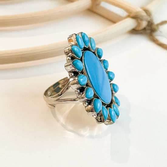 Turquoise Flower Ring - Solid Sterling Silver