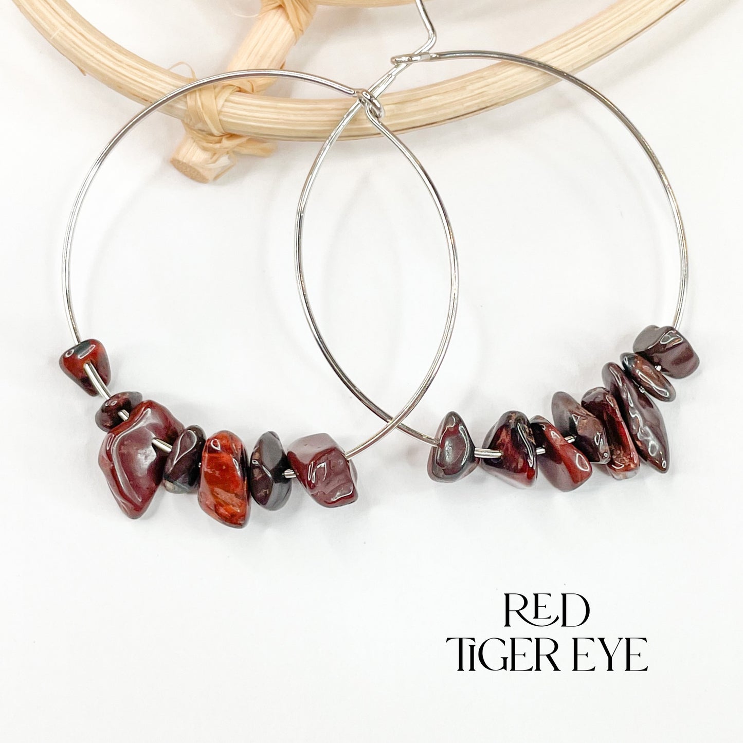 Red Tiger Eye Hoops - Solid Sterling Silver