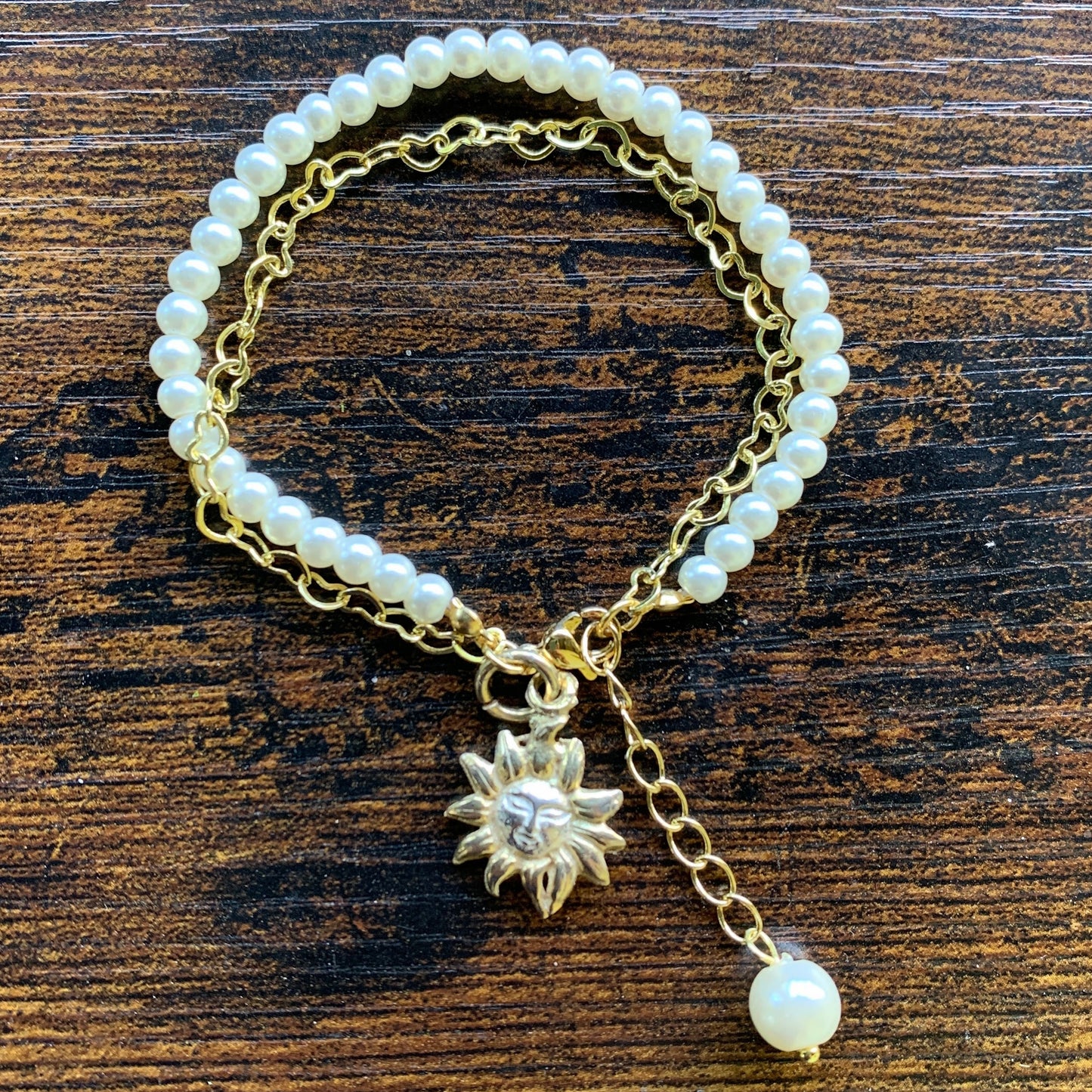 Heart Chain & Pearl Stack Bracelet w Sun Charm - 18k Gold Filled