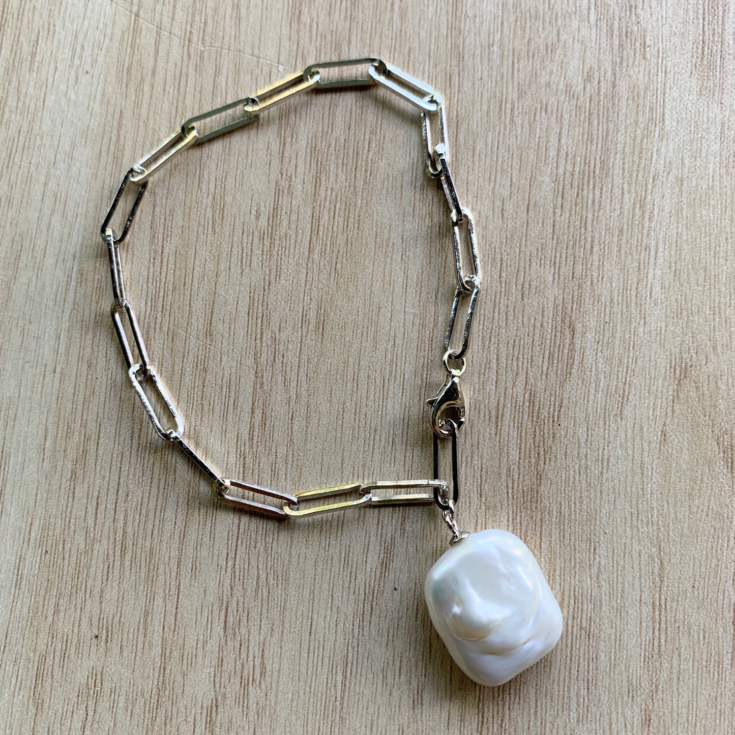 Paperclip Square Pearl Bracelet - Solid Sterling Silver