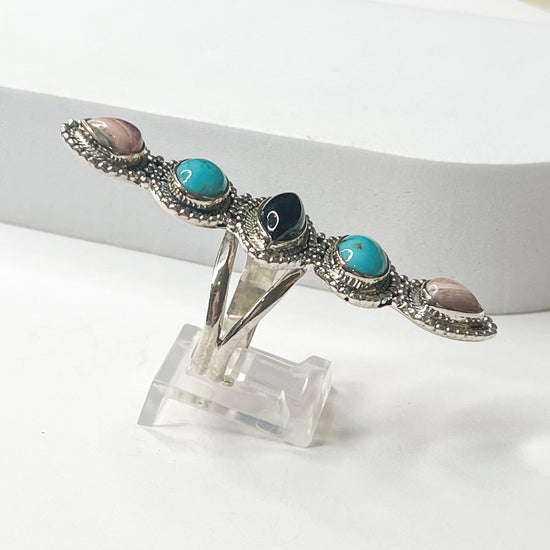 Black onyx, Turquoise & Rhodochrosite Crawler Ring - Solid Sterling Silver