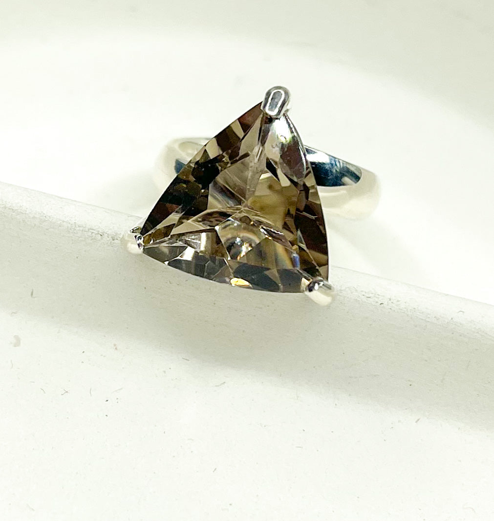 Trillion Smokey Quartz Statement Prong Ring - Solid Sterling Silver