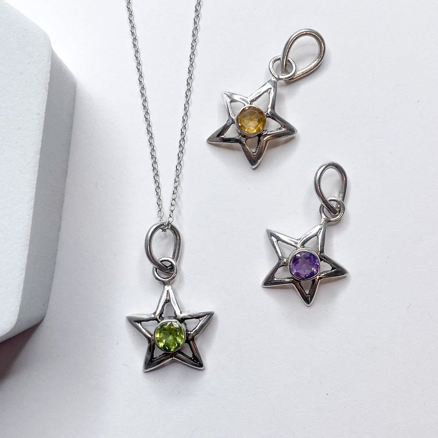 Minimalist Star Natural Stone Pendant - Solid Sterling Silver
