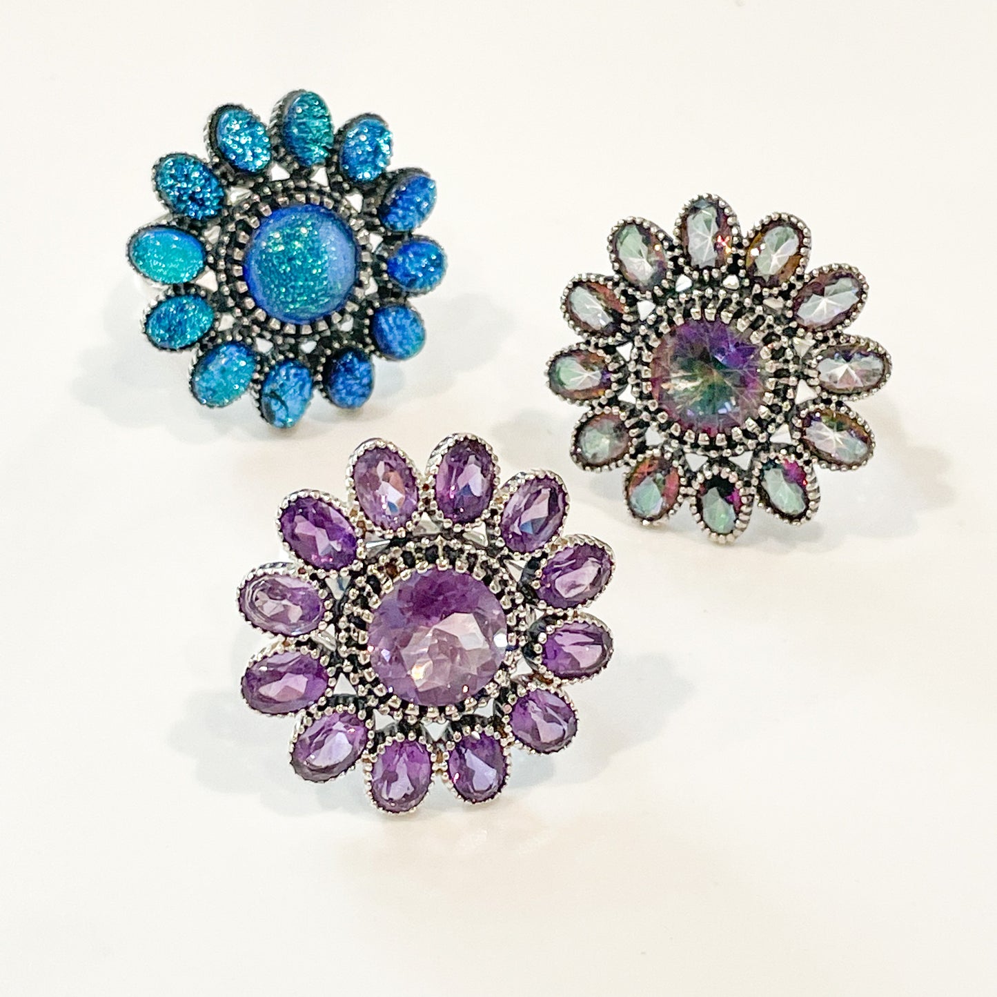 Mystic Quartz Round Flower Ring - Solid Sterling Silver