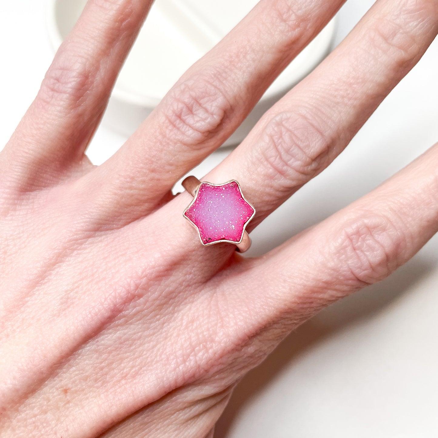 Pink Star Druzy Ring - Solid Sterling Silver