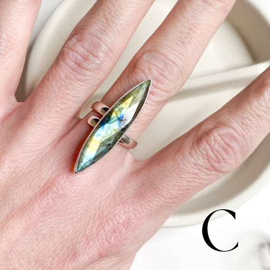 Load image into Gallery viewer, Faceted Slim Labradorite Ring - Solid Sterling Silver
