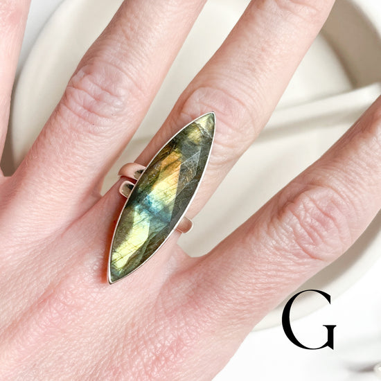 Load image into Gallery viewer, Faceted Slim Labradorite Ring - Solid Sterling Silver
