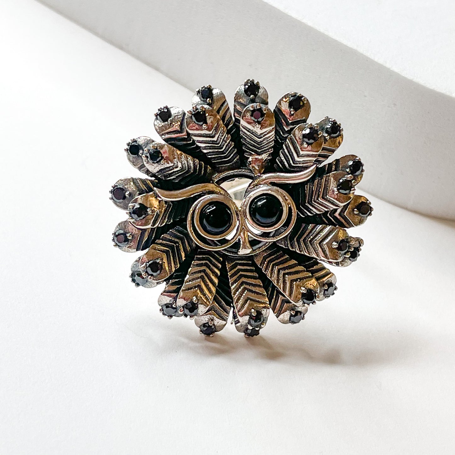 Black Onyx Owl Ring - Solid Sterling Silver