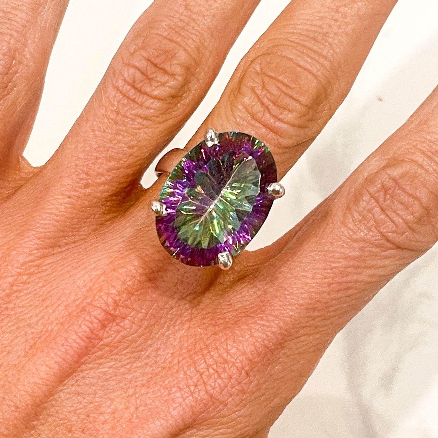 Rainbow Mystic Quartz Oval Ring - Solid Sterling Silver