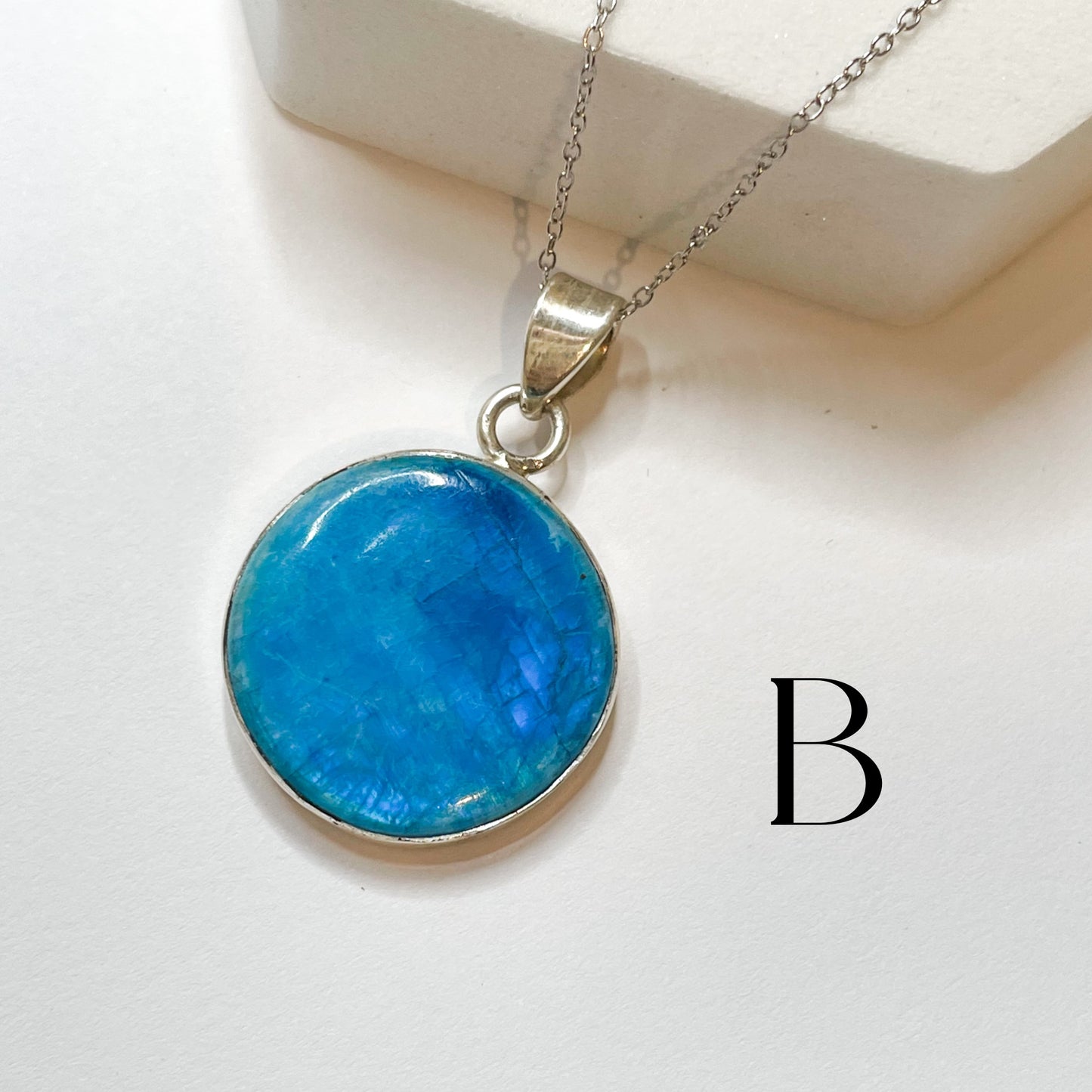 Blue Rainbow Moonstone Pendant - Solid Sterling Silver