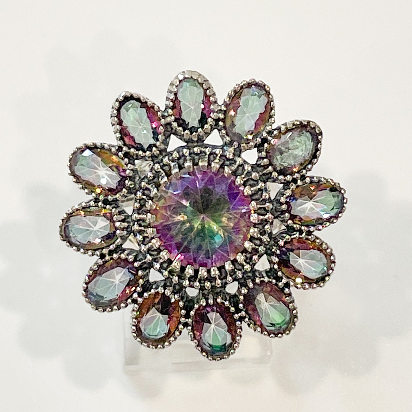 Mystic Quartz Round Flower Ring - Solid Sterling Silver
