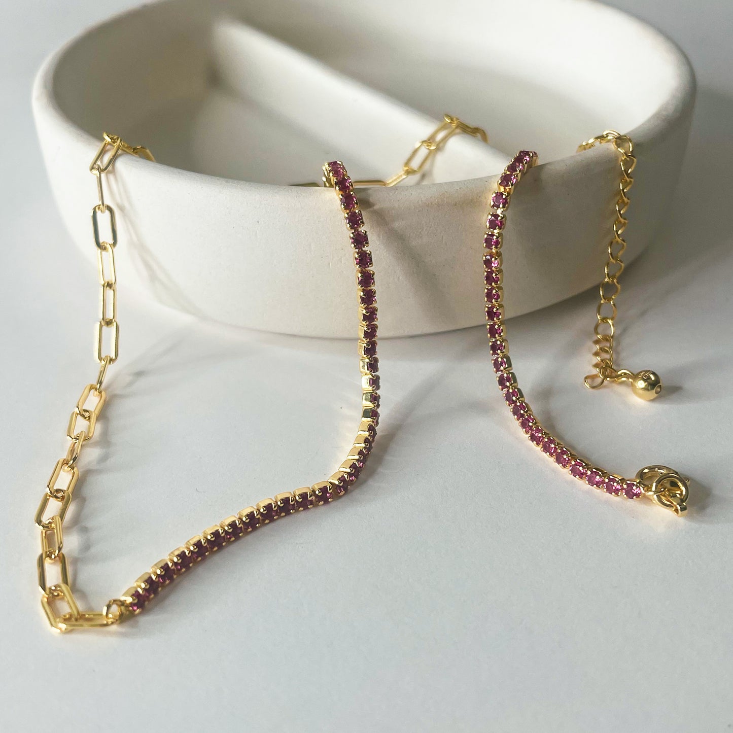 Half N Half Pink CZ Paperclip Necklace - Solid Sterling Silver